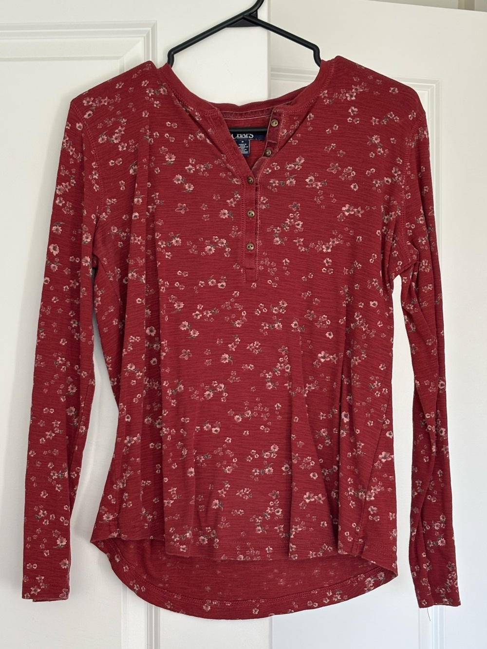 Chaps Red Floral Henley Long Sleeve Top